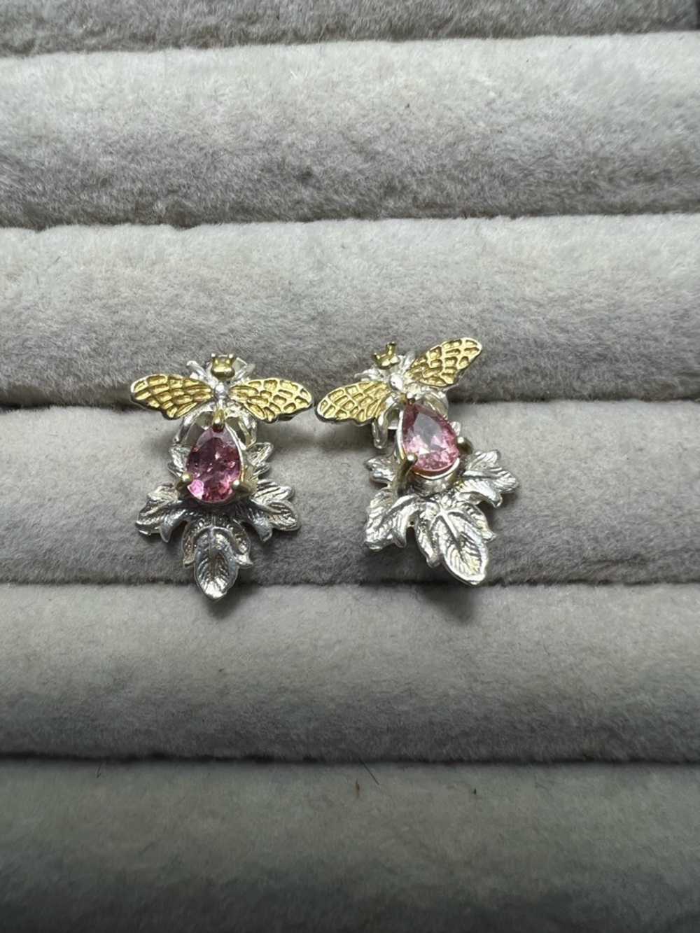 Pink Tourmaline Teardrop Bee Leaf Stud Earrings - Gold & Silver Tone